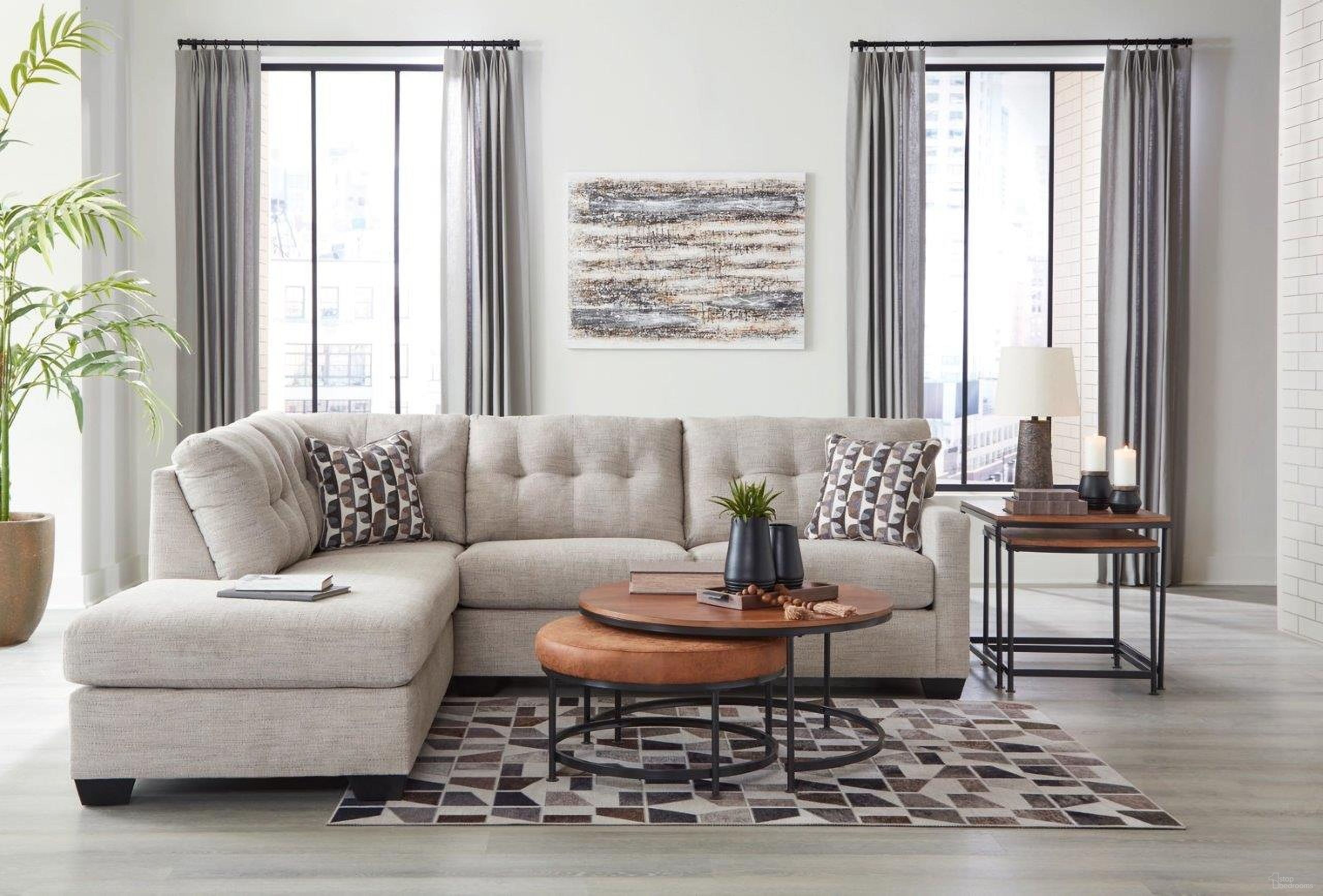 The appearance of Mahoney 2-Piece LAF Sectional with Chaise In Pebble designed by Signature Design by Ashley in the transitional interior design. This pebble piece of furniture  was selected by 1StopBedrooms from Mahoney Collection to add a touch of cosiness and style into your home. Sku: 3100416;3100467. Material: Polyester. Layout: L-Shape. Orientation: LAF.