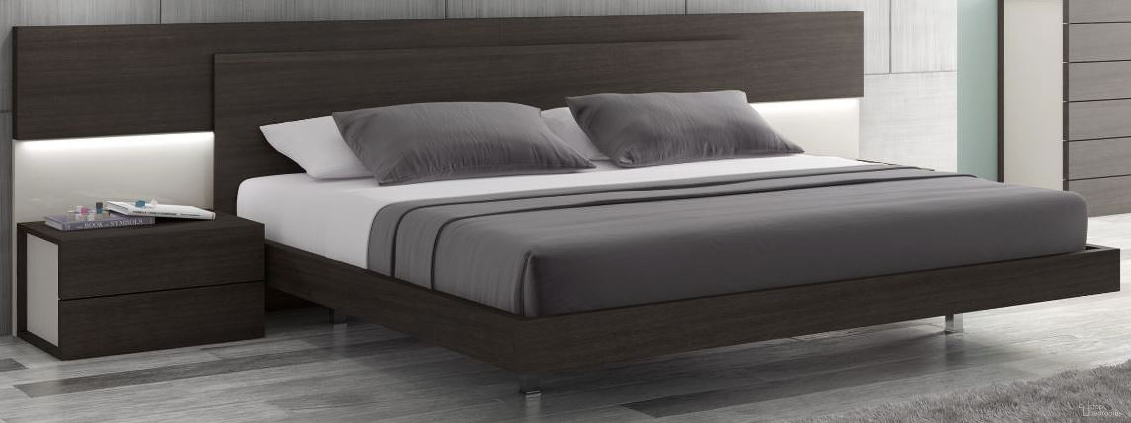 The appearance of Maia Light Grey Lacquer Queen Platform Bed designed by J&M in the modern / contemporary interior design. This brown piece of furniture  was selected by 1StopBedrooms from Maia Collection to add a touch of cosiness and style into your home. Sku: 17867221-Q. Bed Type: Platform Bed. Material: Wood. Bed Size: Queen.