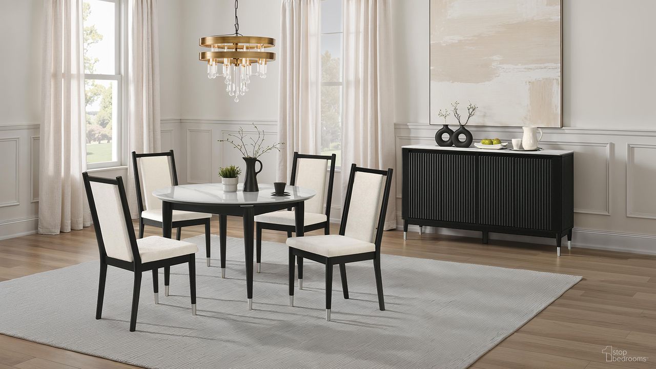 The appearance of Maidstone Round Dining Room Set In Black and White designed by Furniture of America in the modern / contemporary interior design. This black/white piece of furniture was selected by 1StopBedrooms from Maidstone Collection to add a touch of cosiness and style into your home. Sku: FM32001BK-RT;FM32001BK-SC-2PK. Table Top Shape: Round. Material: Chenille. Size: 47".