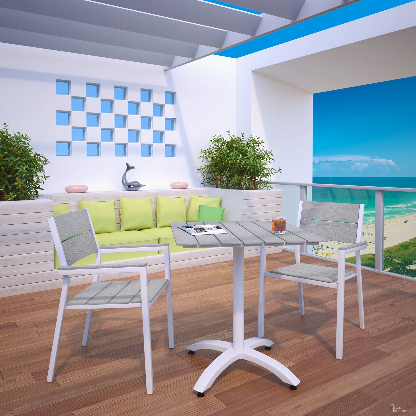 The appearance of Maine White Light Gray 3 Piece Outdoor Patio Dining Set EEI-1759-WHI-LGR-SET designed by Modway in the modern / contemporary interior design. This white light gray piece of furniture  was selected by 1StopBedrooms from Maine Collection to add a touch of cosiness and style into your home. Sku: EEI-1506-WHI-LGR;EEI-1514-WHI-LGR. Table Base Style: Pedestal. Table Top Shape: Square. Material: Plastic.