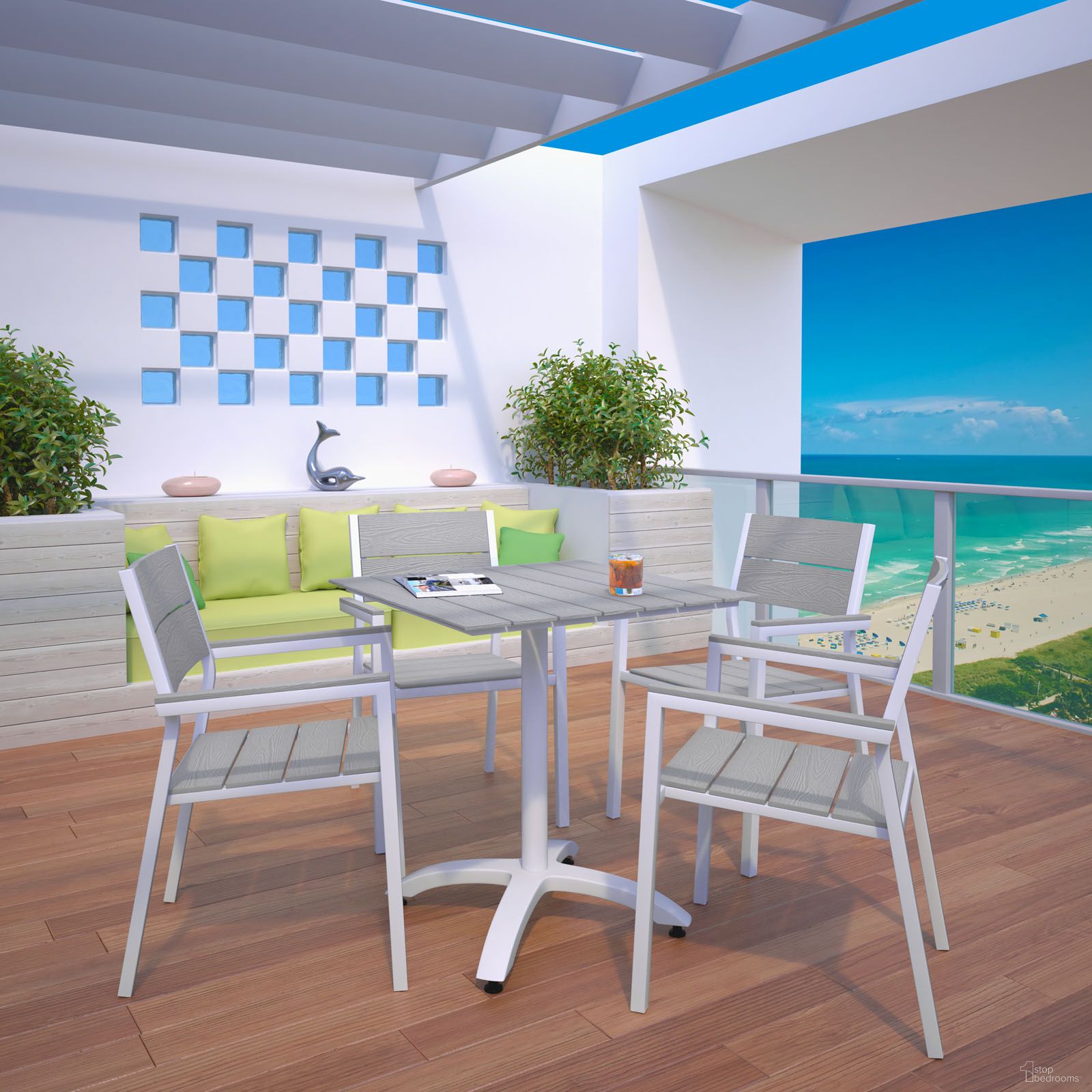 The appearance of Maine White Light Gray 5 Piece Outdoor Patio Dining Set EEI-1761-WHI-LGR-SET designed by Modway in the modern / contemporary interior design. This white light gray piece of furniture  was selected by 1StopBedrooms from Maine Collection to add a touch of cosiness and style into your home. Sku: EEI-1506-WHI-LGR;EEI-1506-WHI-LGR;EEI-1514-WHI-LGR. Table Base Style: Pedestal. Table Top Shape: Rectangular. Material: Plastic.