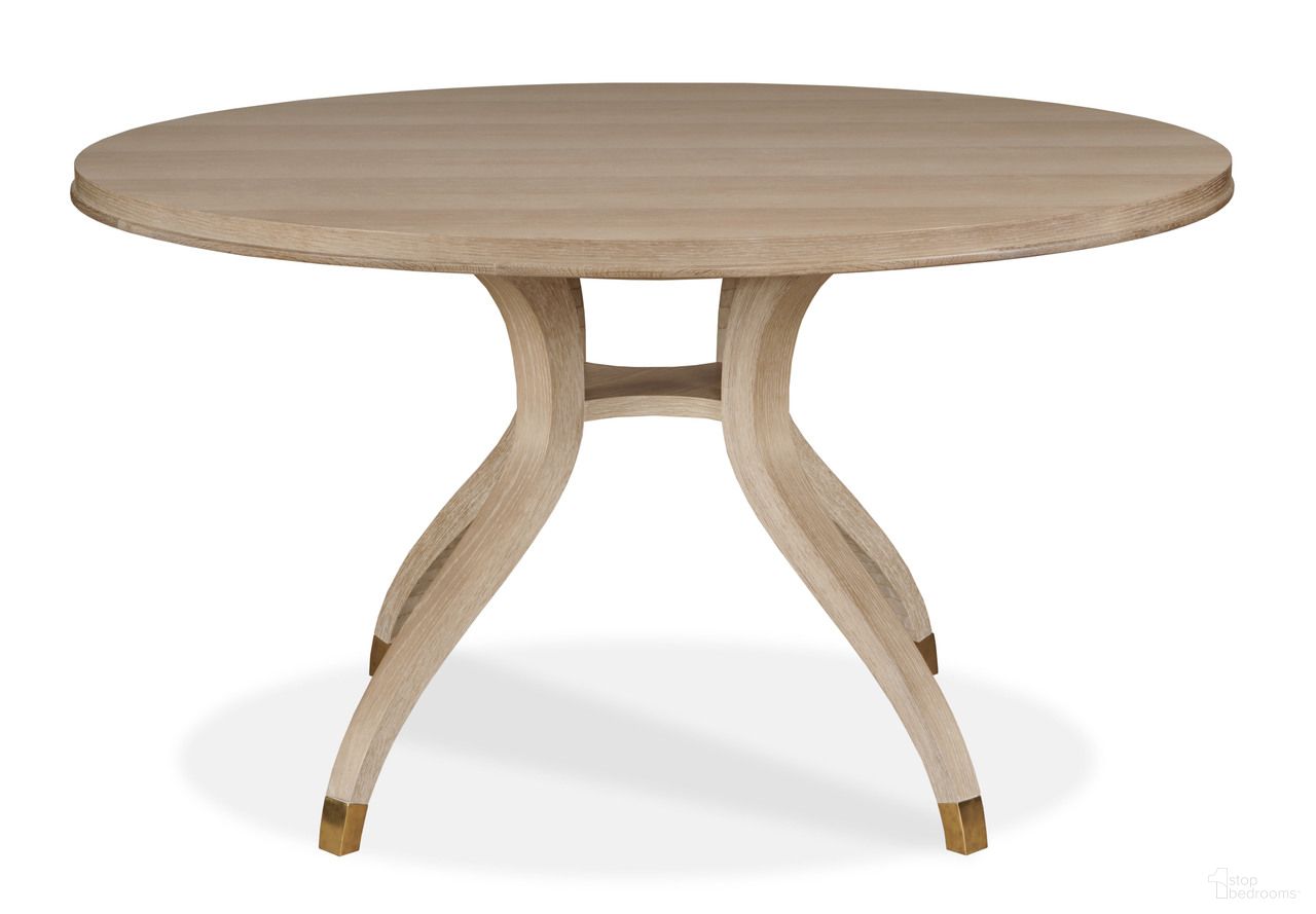 The appearance of Maison '47 Stocked 54 Inch Round Dining Table In Natural designed by Century Furniture in the transitional interior design. This natural piece of furniture  was selected by 1StopBedrooms from Maison '47 Collection to add a touch of cosiness and style into your home. Sku: 89A-305-V1. Table Base Style: Trestle. Table Top Shape: Round. Size: 54". Material: Oak Veneer.