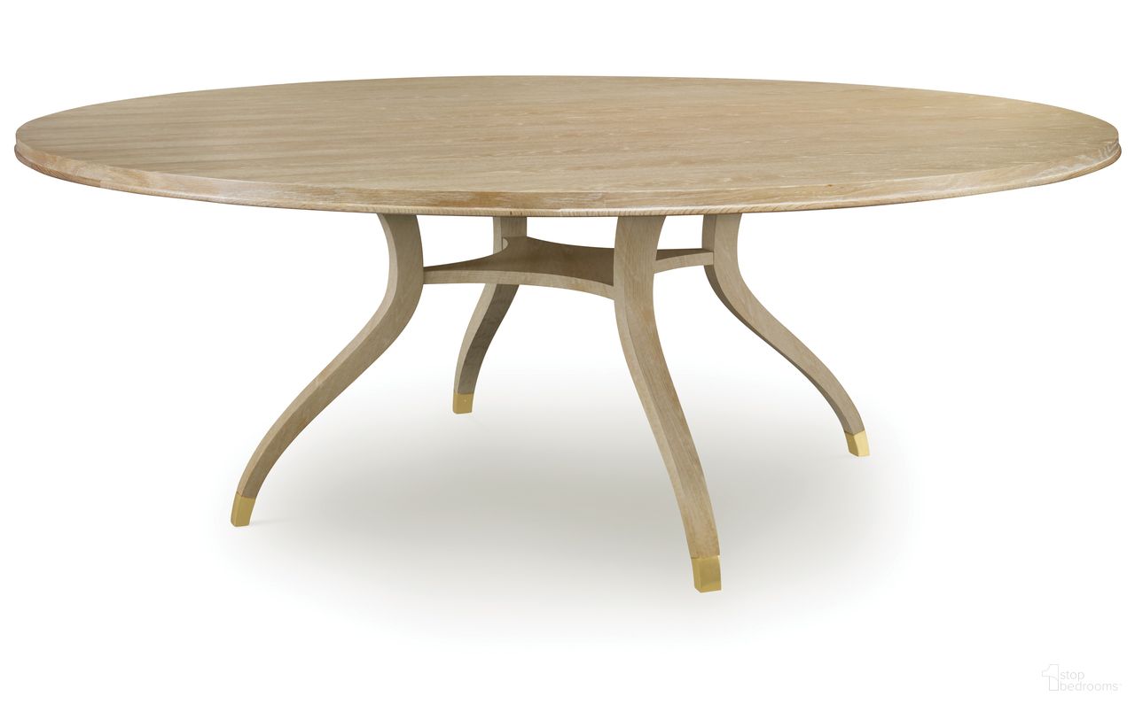 The appearance of Maison '47 Stocked 84 Inch Round Dining Table In Natural designed by Century Furniture in the transitional interior design. This natural piece of furniture  was selected by 1StopBedrooms from Maison '47 Collection to add a touch of cosiness and style into your home. Sku: 89A-308-V1. Table Base Style: Trestle. Table Top Shape: Round. Size: 84". Material: Oak Veneer.
