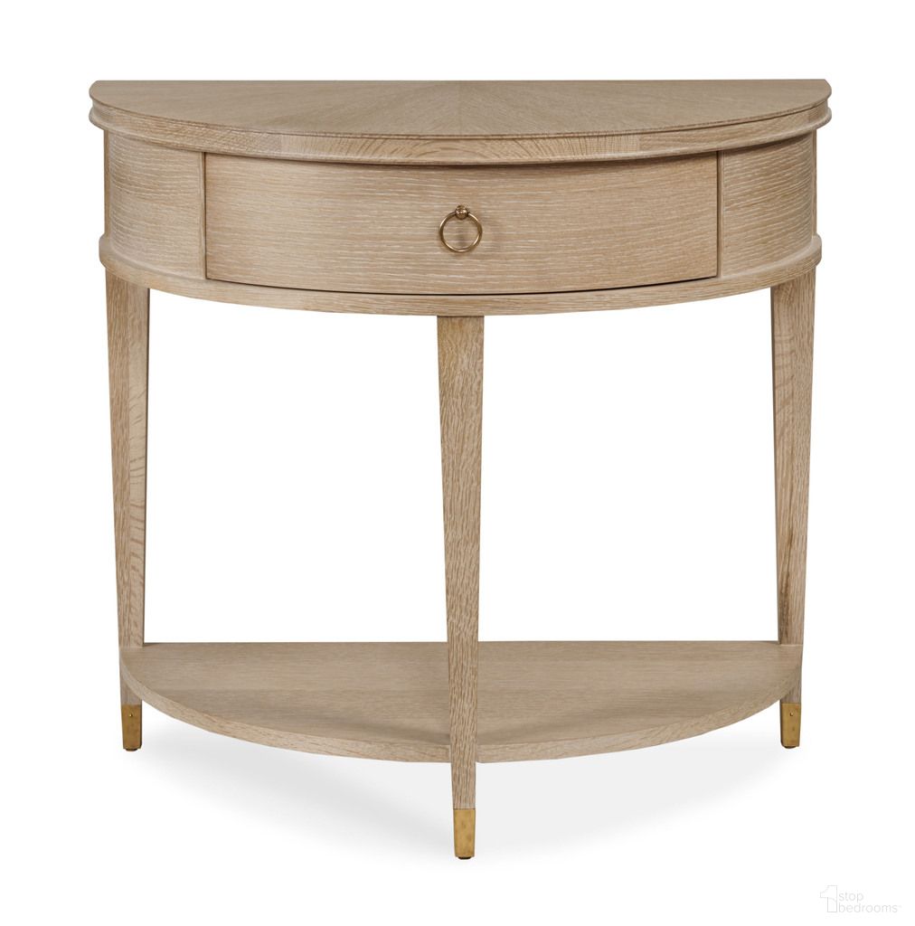 The appearance of Maison '47 Stocked Demilune Nightstand In Natural designed by Century Furniture in the transitional interior design. This natural piece of furniture was selected by 1StopBedrooms from Maison '47 Collection to add a touch of cosiness and style into your home. Sku: 89A-225-V1. Material: Oak Veneer.