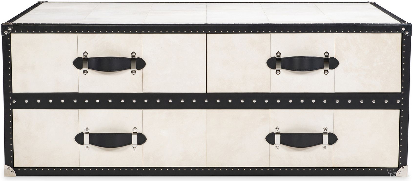The appearance of Hawkins Cocktail Trunk In Cream designed by Maitland-Smith in the transitional interior design. This cream piece of furniture was selected by 1StopBedrooms from Maitland Smith Collection to add a touch of cosiness and style into your home. Sku: 8486-13. Material: Genuine Leather.