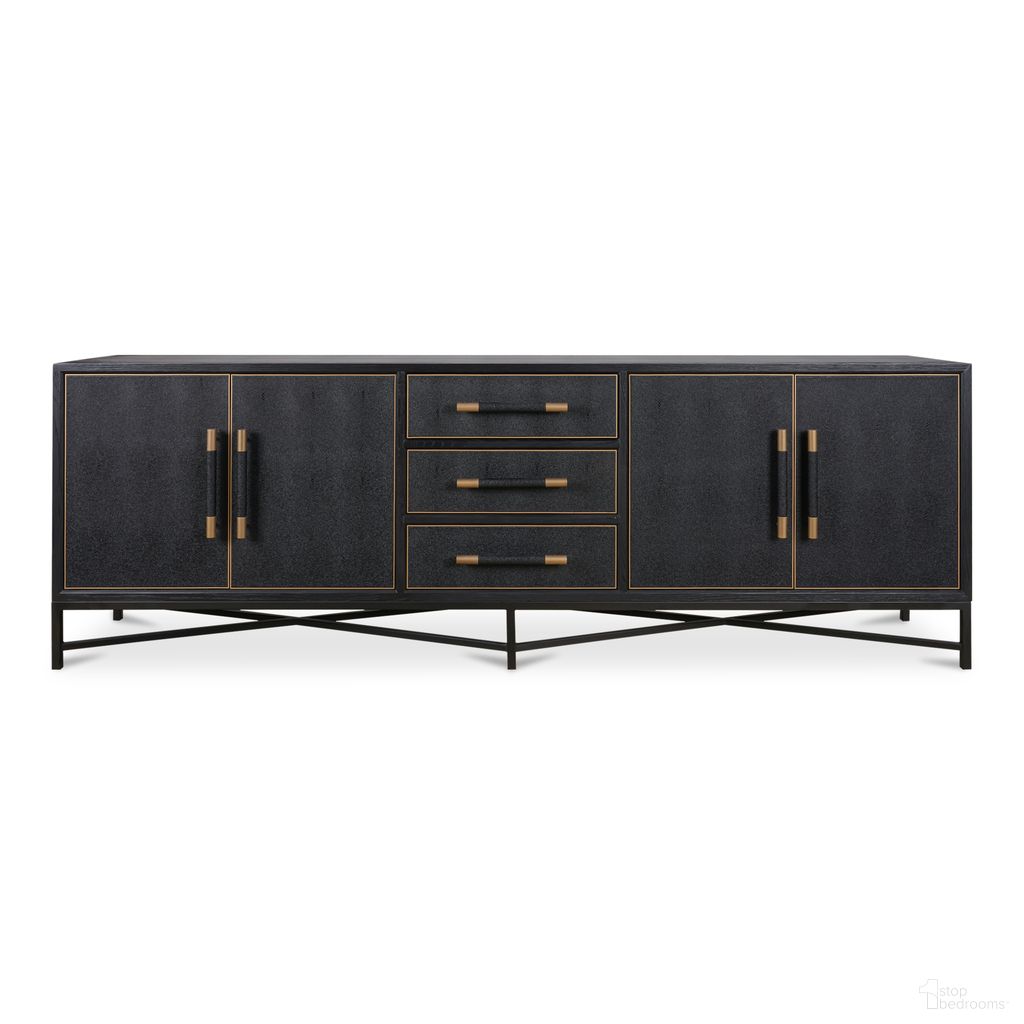 The appearance of Mako Large Sideboard In Black designed by Moes Home in the modern / contemporary interior design. This black piece of furniture  was selected by 1StopBedrooms from Mako Collection to add a touch of cosiness and style into your home. Sku: VL-1061-02. Material: Solid Oak.