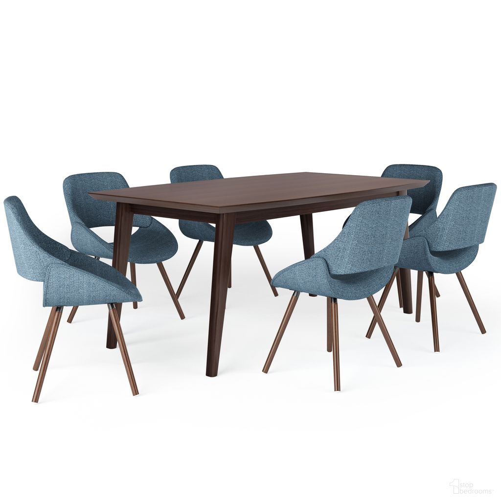 The appearance of Malden/Draper 7-Piece Dining Set In Denim Blue designed by Simpli Home in the transitional interior design. This denim blue piece of furniture was selected by 1StopBedrooms from Malden Collection to add a touch of cosiness and style into your home. Sku: AXCDS7MRPNDB. Table Base Style: Legs. Table Top Shape: Rectangular. Material: Rubberwood. Size: 40" x 66".