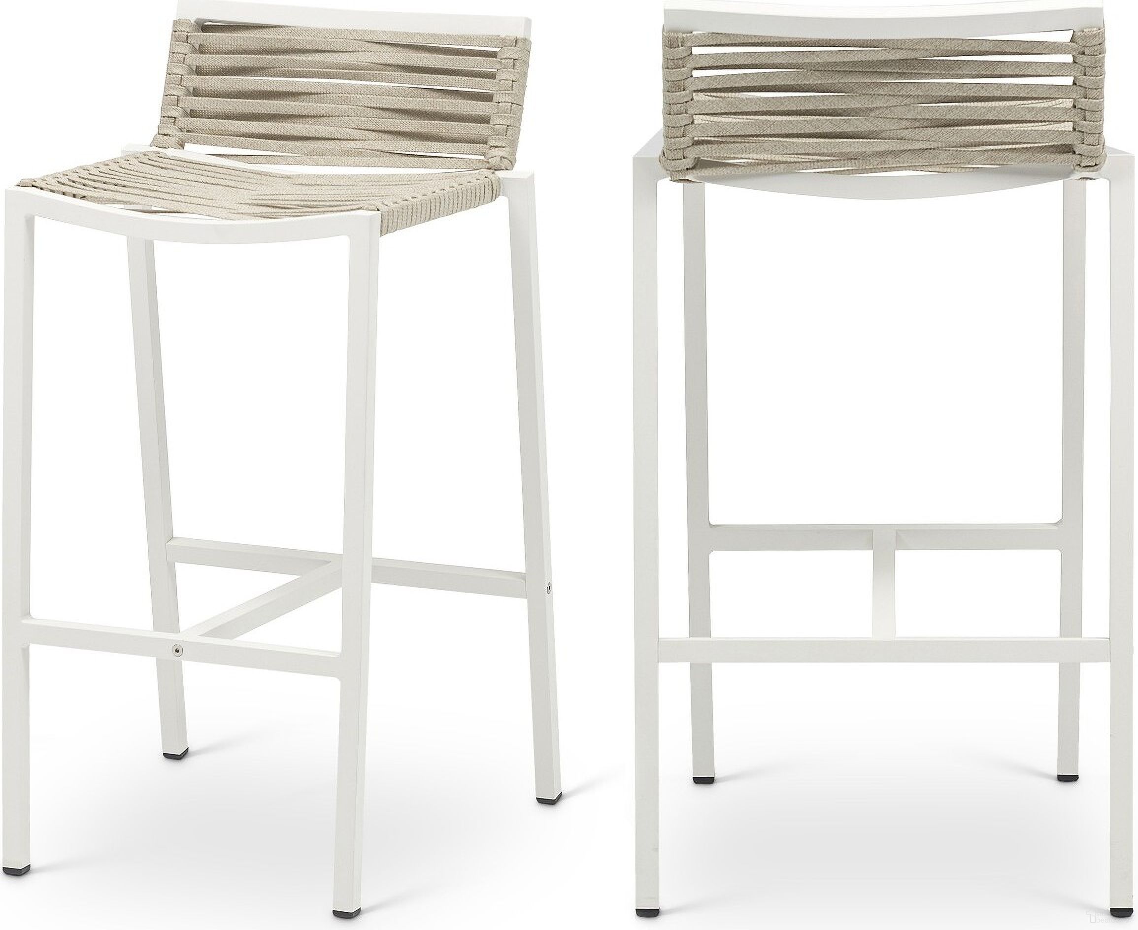 The appearance of Maldives Cream Rope Fabric Outdoor Patio Barstool Set of 2 In Beige designed by Meridian in the modern / contemporary interior design. This beige piece of furniture was selected by 1StopBedrooms from Maldives Collection to add a touch of cosiness and style into your home. Sku: 344Beige-C. Material: Aluminum.