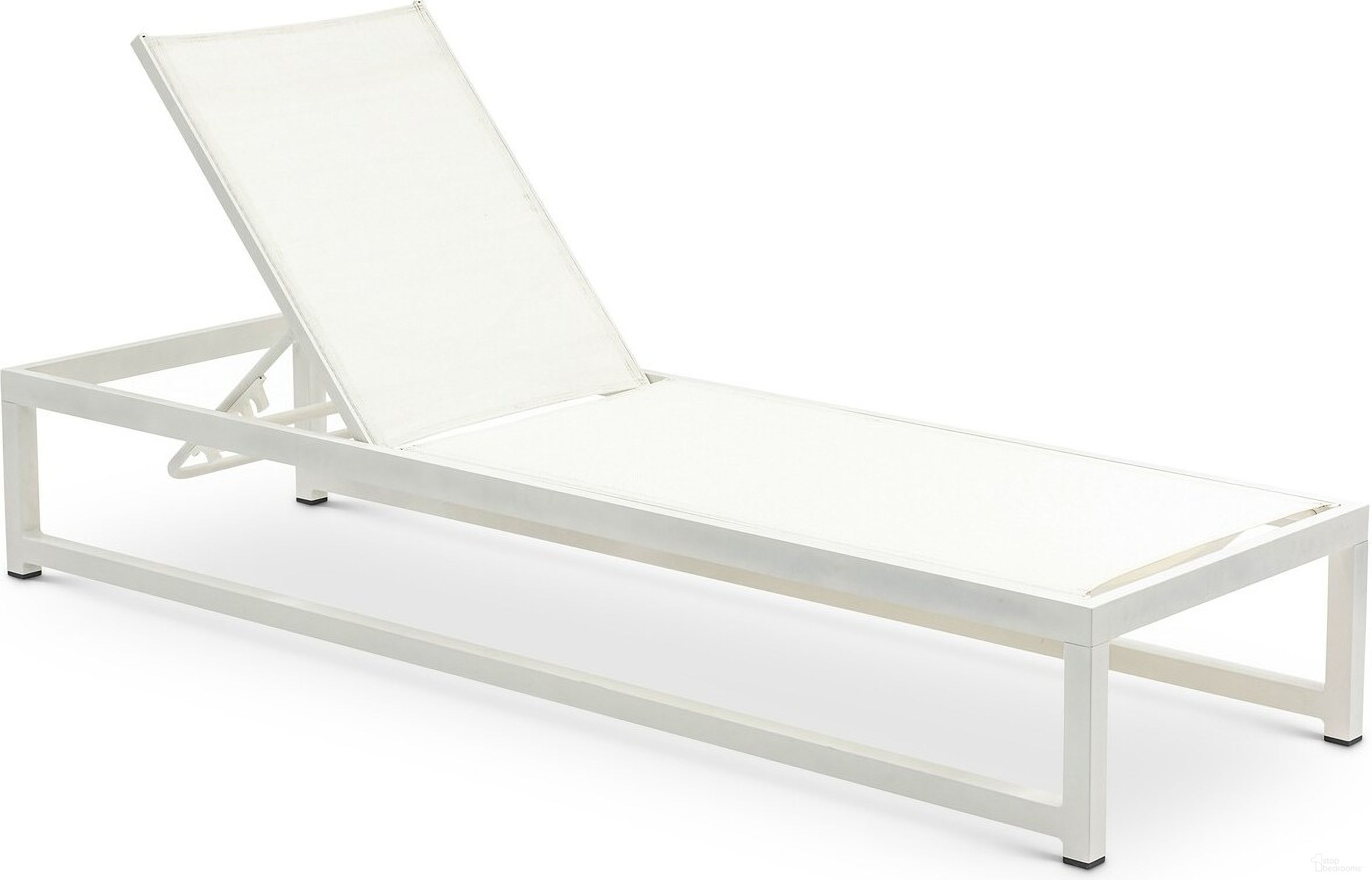 The appearance of Maldives Mesh Water Resistant Fabric Outdoor Patio Adjustable Sun Chaise Lounge Chair In Cream/White designed by Meridian in the modern / contemporary interior design. This cream piece of furniture  was selected by 1StopBedrooms from Maldives Collection to add a touch of cosiness and style into your home. Sku: 347Cream. Material: Aluminum.