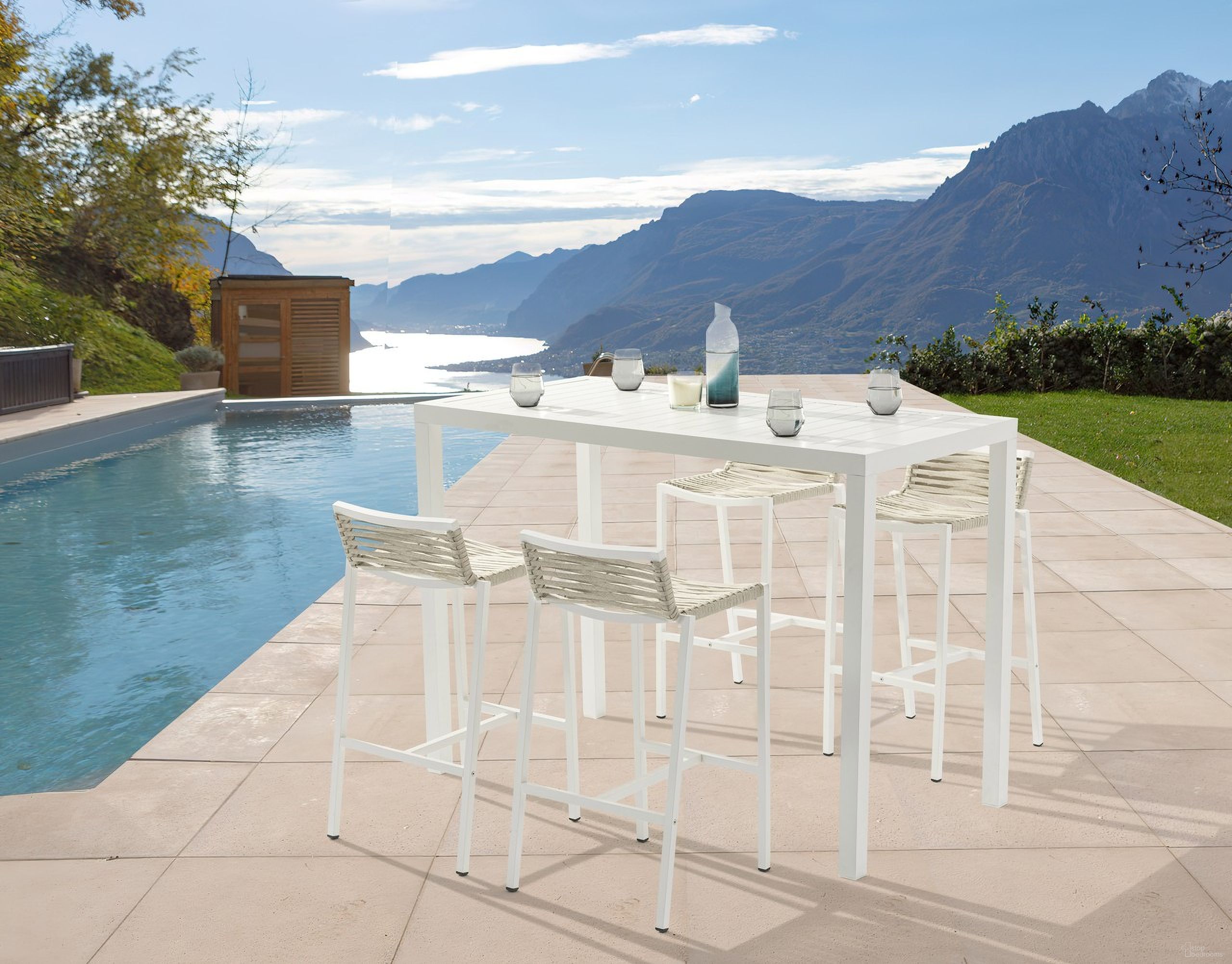 The appearance of Maldives Outdoor Conversation Set In White designed by Meridian in the modern / contemporary interior design. This white piece of furniture  was selected by 1StopBedrooms from Maldives Collection to add a touch of cosiness and style into your home. Sku: 344White-T;344White-T. Material: Aluminum.