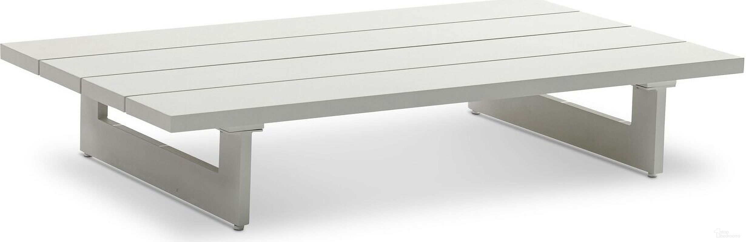 The appearance of Maldives Outdoor Patio Coffee Table In White designed by Meridian in the modern / contemporary interior design. This white piece of furniture  was selected by 1StopBedrooms from Maldives Collection to add a touch of cosiness and style into your home. Sku: 337-CT. Material: Aluminum. Table Top Shape: Rectangular.