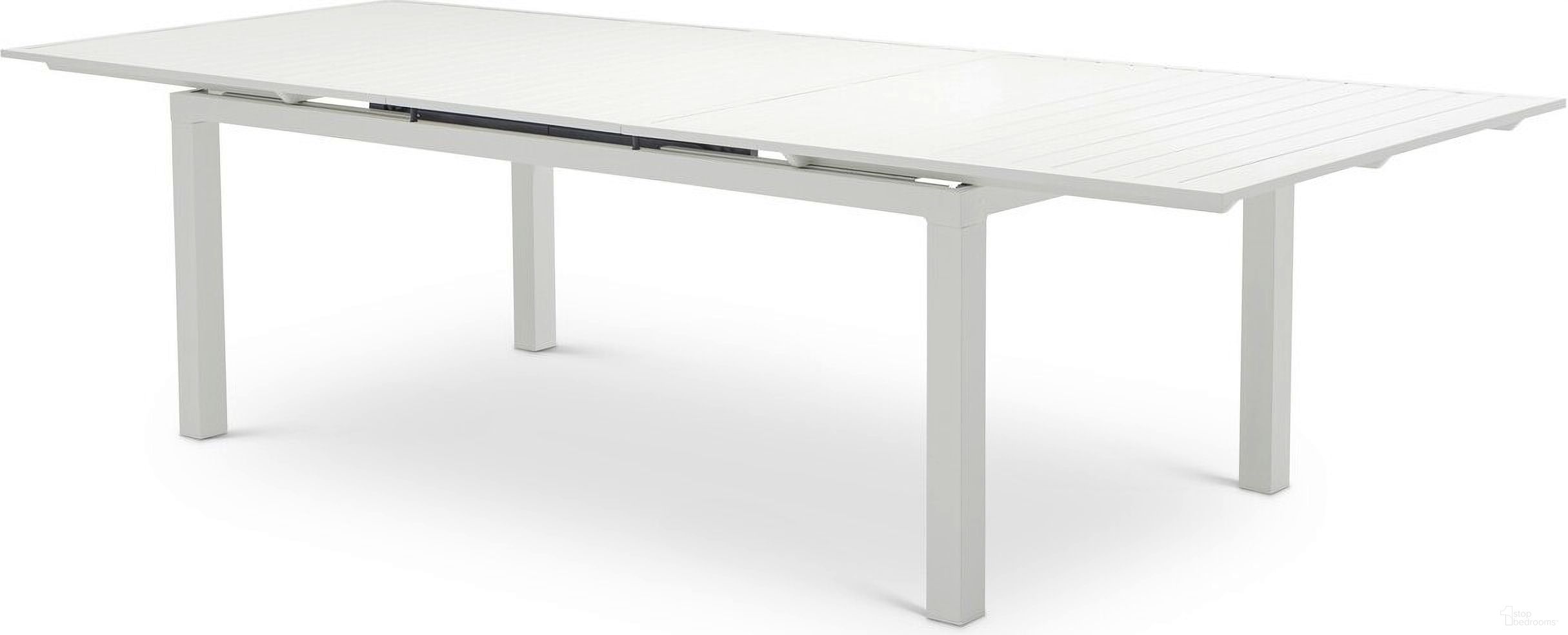The appearance of Maldives Outdoor Patio Dining Table In White designed by Meridian in the modern / contemporary interior design. This white piece of furniture was selected by 1StopBedrooms from Maldives Collection to add a touch of cosiness and style into your home. Sku: 343White-T. Table Base Style: Legs. Material: Aluminum. Table Top Shape: Rectangular.