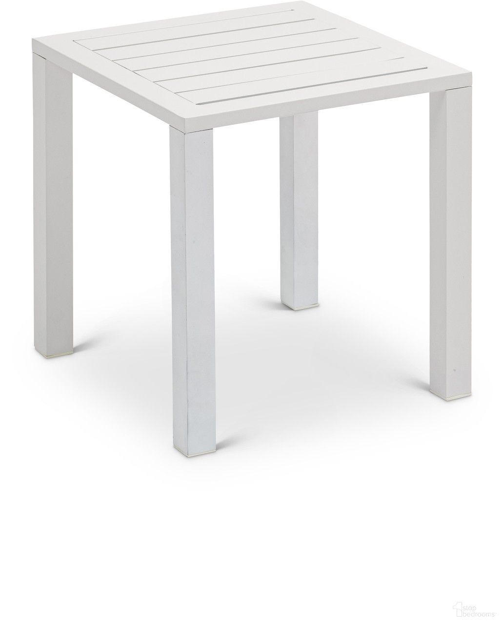 The appearance of Maldives Outdoor Patio End Table In White designed by Meridian in the modern / contemporary interior design. This white piece of furniture  was selected by 1StopBedrooms from Maldives Collection to add a touch of cosiness and style into your home. Sku: 346White-ET. Table Top Shape: Square. Material: Aluminum.