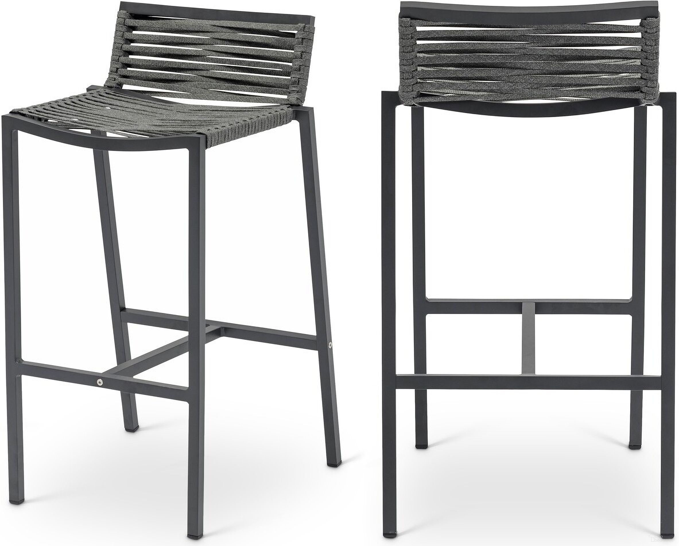 The appearance of Maldives Rope Fabric Outdoor Patio Barstool Set of 2 In Grey designed by Meridian in the modern / contemporary interior design. This grey piece of furniture  was selected by 1StopBedrooms from Maldives Collection to add a touch of cosiness and style into your home. Sku: 344Grey-C. Material: Aluminum.
