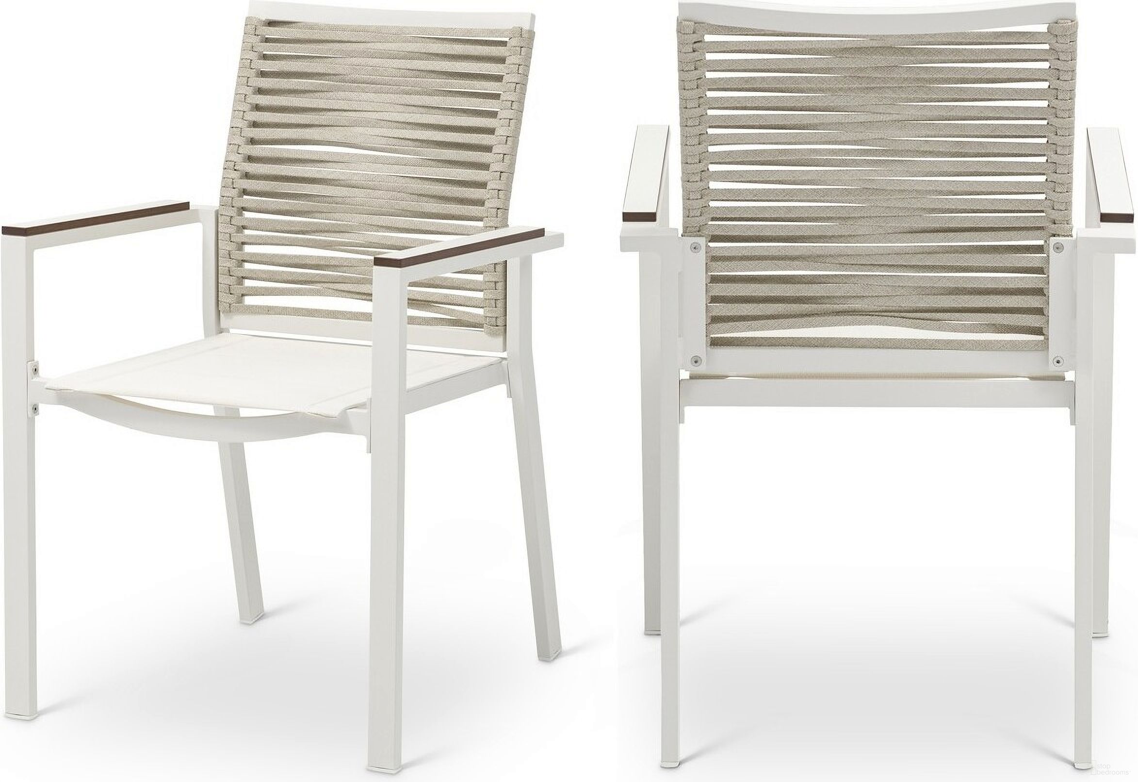 The appearance of Maldives Rope Fabric Outdoor Patio Dining Arm Chair Set of 2 In Beige designed by Meridian in the modern / contemporary interior design. This beige piece of furniture was selected by 1StopBedrooms from Maldives Collection to add a touch of cosiness and style into your home. Sku: 343Beige-AC. Material: Aluminum.