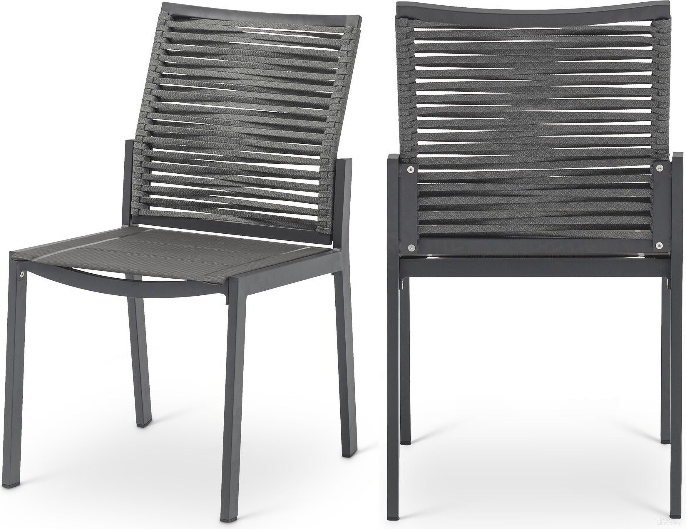 The appearance of Maldives Rope Fabric Outdoor Patio Dining Side Chair Set of 2 In Grey designed by Meridian in the modern / contemporary interior design. This grey piece of furniture  was selected by 1StopBedrooms from Maldives Collection to add a touch of cosiness and style into your home. Sku: 343Grey-SC. Material: Aluminum.