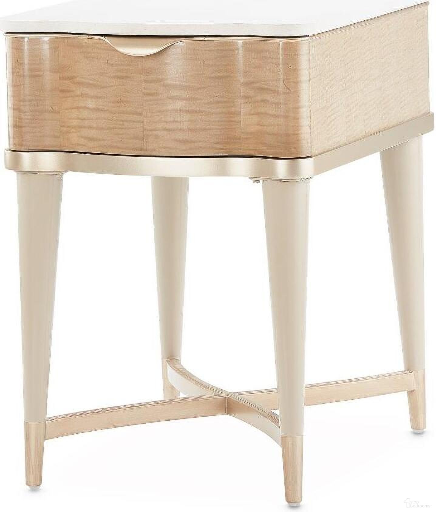 The appearance of Malibu Crest End Table In Blush designed by Michael Amini in the transitional interior design. This chardonnay piece of furniture was selected by 1StopBedrooms from Malibu Crest Collection to add a touch of cosiness and style into your home. Sku: N9007202-131. Material: Marble.