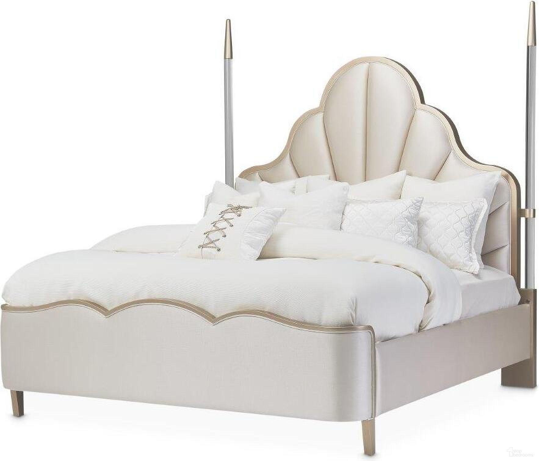 The appearance of Malibu Crest Queen Scalloped Poster Bed In Chardonnay designed by Michael Amini in the transitional interior design. This chardonnay piece of furniture  was selected by 1StopBedrooms from Malibu Crest Collection to add a touch of cosiness and style into your home. Sku: N9007110-822;N9007100-822;N9007130-822;9000238-00. Bed Type: Poster Bed. Bed Size: Queen. Material: Acrylic.