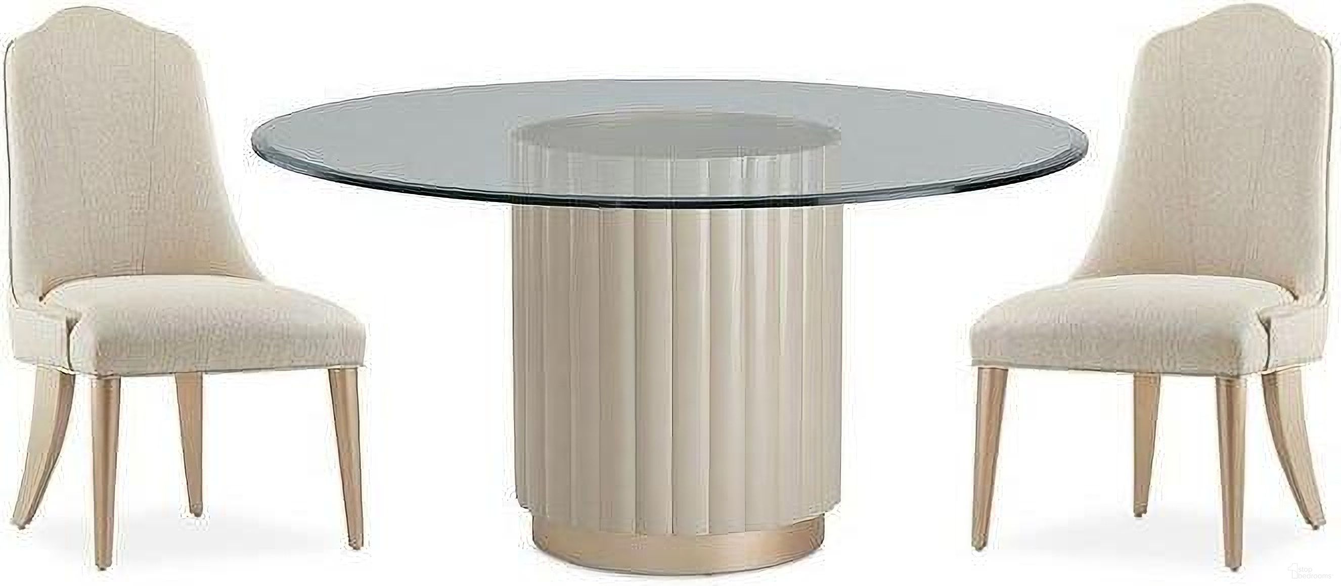 The appearance of Malibu Crest Round Dining Room Set designed by Michael Amini in the transitional interior design. This chardonnay piece of furniture  was selected by 1StopBedrooms from Malibu Crest Collection to add a touch of cosiness and style into your home. Sku: GL60BV;N9007001-822;N9007003-822. Table Base Style: Pedestal. Table Top Shape: Round. Material: Glass. Size: 60".