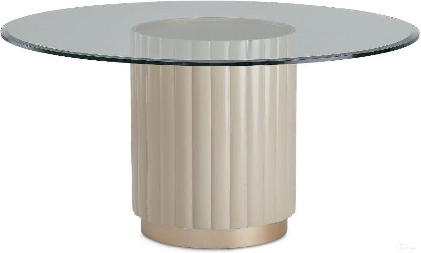 The appearance of Malibu Crest Round Dining Table In Chardonnay designed by Michael Amini in the transitional interior design. This chardonnay piece of furniture  was selected by 1StopBedrooms from Malibu Crest Collection to add a touch of cosiness and style into your home. Sku: GL60BV;N9007001-822. Table Base Style: Pedestal. Table Top Shape: Round. Material: Glass. Size: 60".