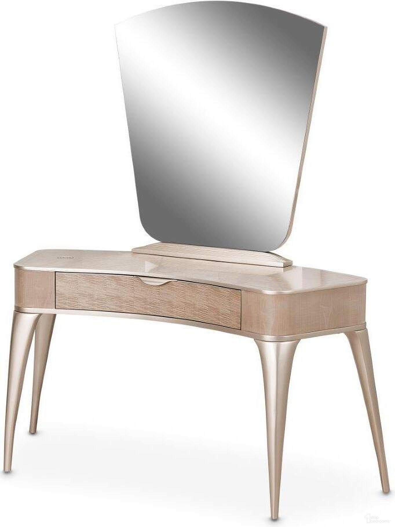 The appearance of Malibu Crest Vanity With Mirror In Blush designed by Michael Amini in the transitional interior design. This chardonnay piece of furniture  was selected by 1StopBedrooms from Malibu Crest Collection to add a touch of cosiness and style into your home. Sku: N9007058-131;N9007068-822. Material: Glass.