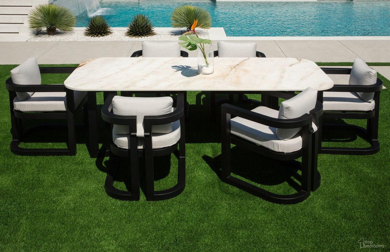 The appearance of Malibu Outdoor Dining Room Set in Matte Coal designed by Sunset West in the transitional interior design. This matte coal piece of furniture was selected by 1StopBedrooms from Malibu Collection to add a touch of cosiness and style into your home. Sku: SW7101-T96;SW7101-1-SLVR-STKIT. Material: Aluminum.