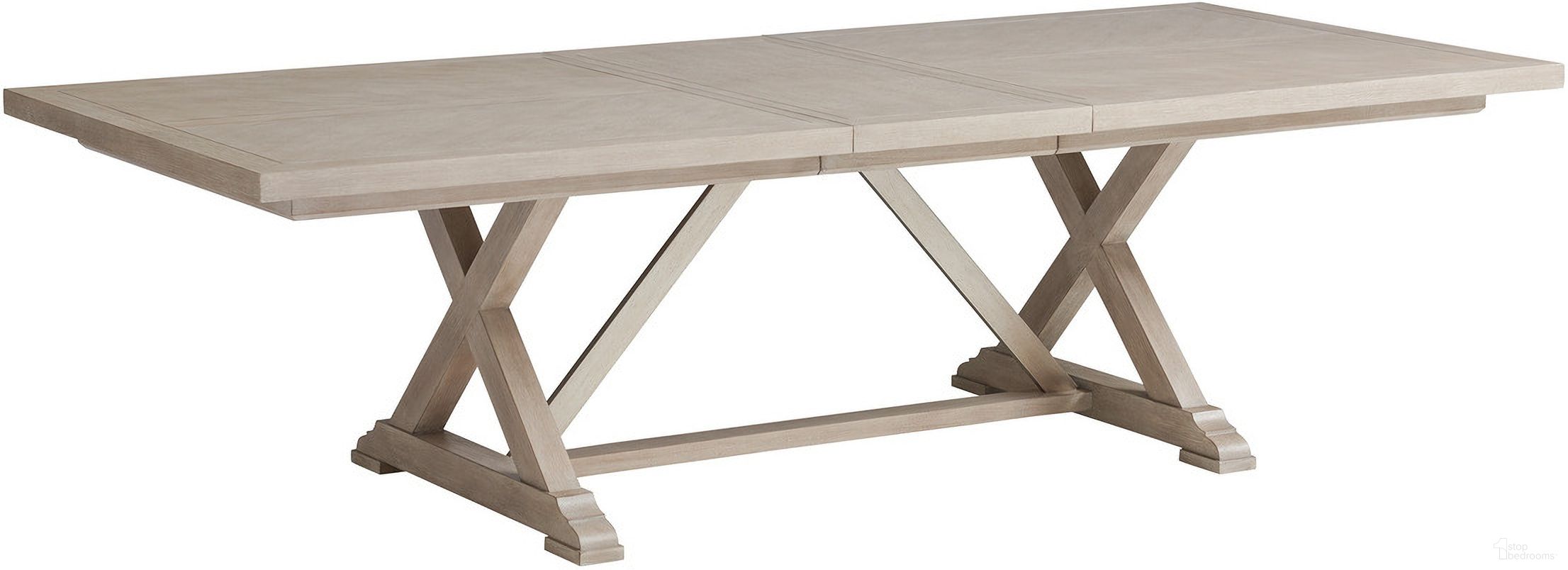 The appearance of Malibu Rockpoint Rectangular Dining Table In Dune designed by Barclay Butera in the transitional interior design. This dune piece of furniture was selected by 1StopBedrooms from Malibu Collection to add a touch of cosiness and style into your home. Sku: 926-877C. Table Base Style: Trestle. Material: Wood. Table Top Shape: Rectangular. Size: 46" x 88".