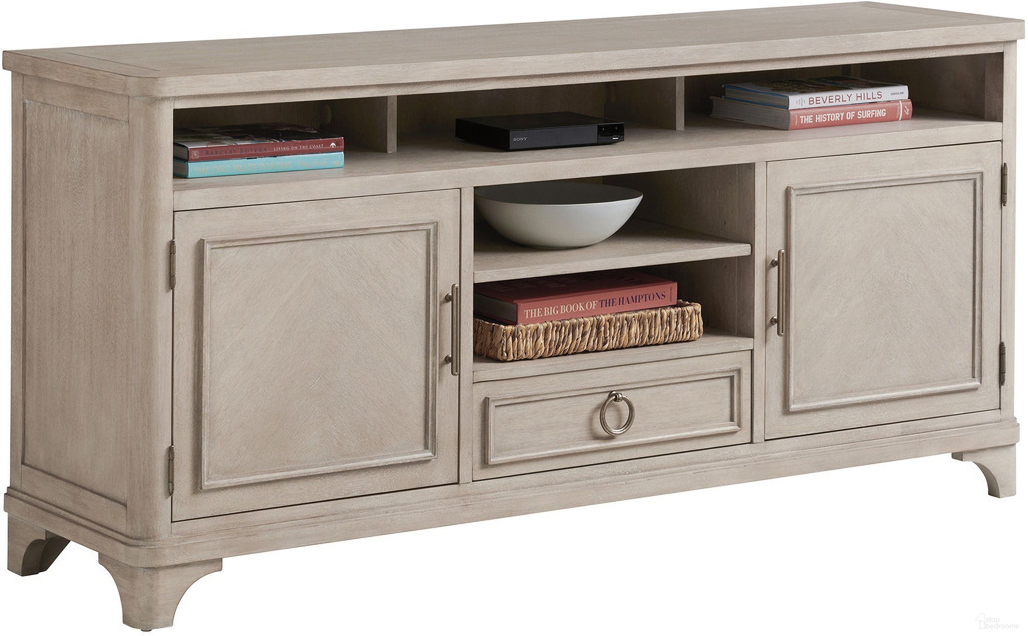 The appearance of Malibu Rocky Oaks Media Console In Dune designed by Barclay Butera in the transitional interior design. This dune piece of furniture was selected by 1StopBedrooms from Malibu Collection to add a touch of cosiness and style into your home. Sku: 926-907. Material: Wood.