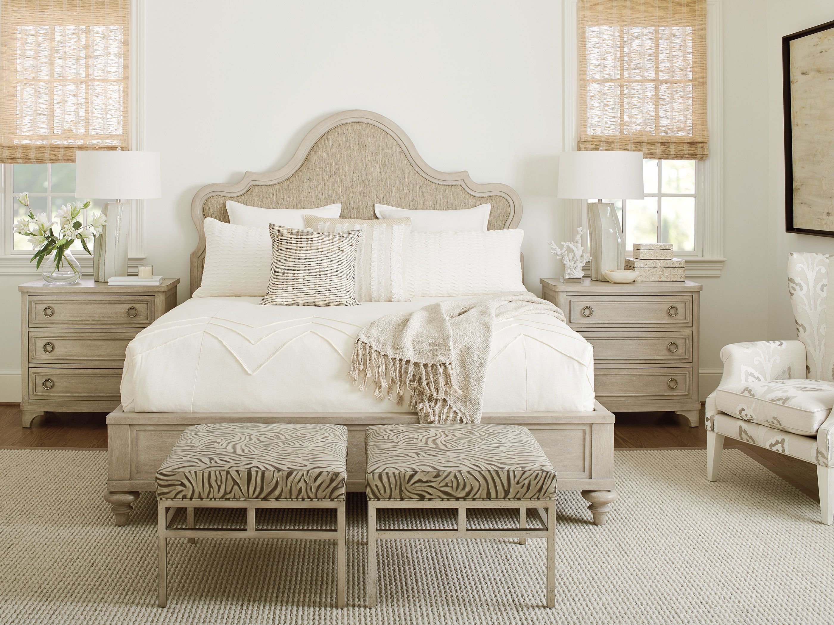 The appearance of Malibu Zuma Dune Upholstered Panel Bedroom Set designed by Barclay Butera in the transitional interior design. This dune piece of furniture was selected by 1StopBedrooms from Malibu Collection to add a touch of cosiness and style into your home. Sku: 926-143C;926-621. Bed Type: Panel Bed. Material: Wood. Bed Size: Queen.