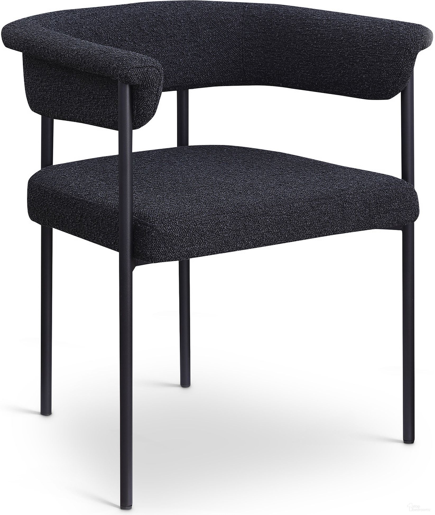 The appearance of Malin Boucle Fabric Dining Chair Set of 2 In Black designed by Meridian in the modern / contemporary interior design. This black piece of furniture was selected by 1StopBedrooms from Malin Collection to add a touch of cosiness and style into your home. Sku: 410Black-C. Chair Type: Arm Chair. Material: Boucle Fabric.