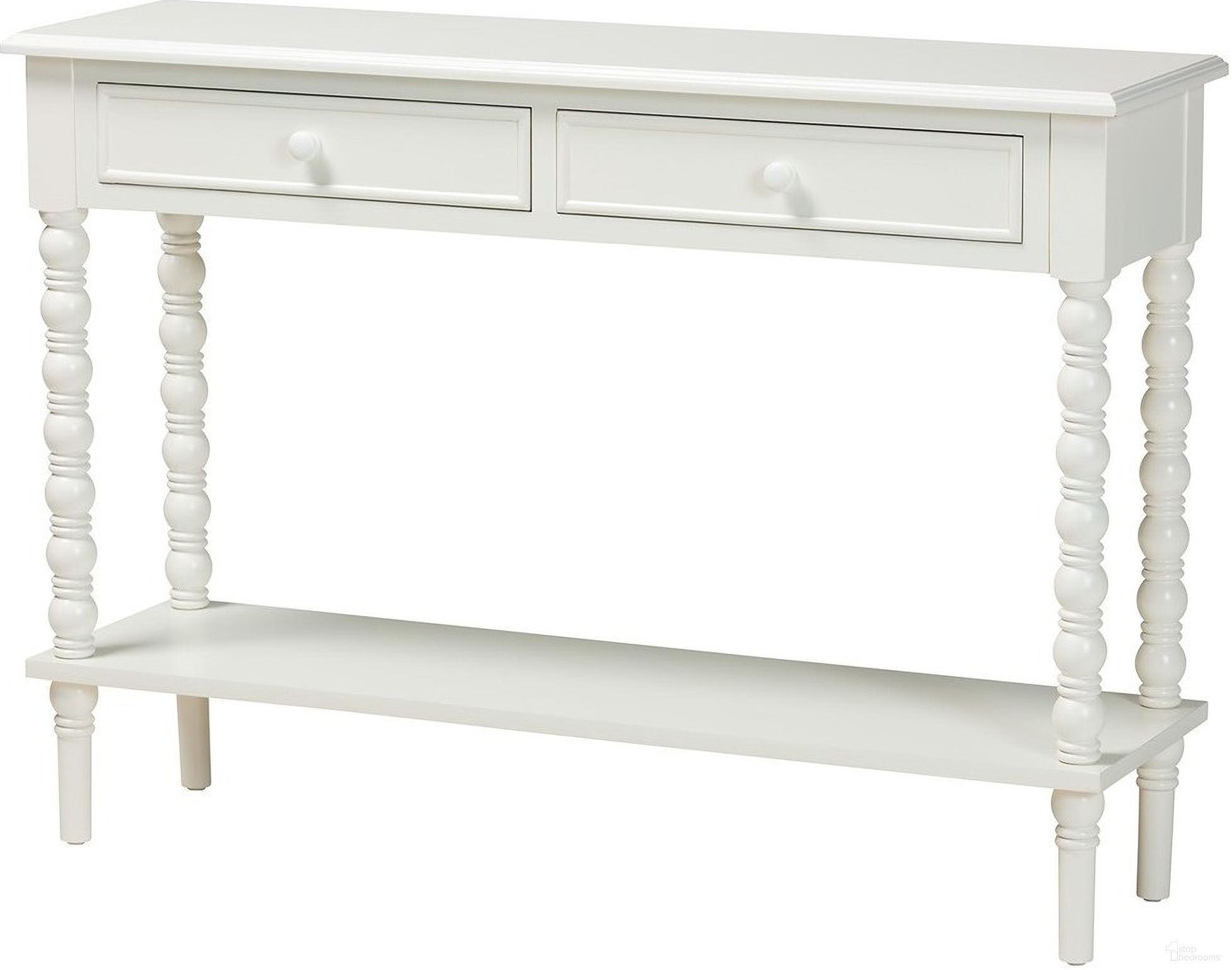 The appearance of Malinda Wood 2-Drawer Console Table with Spindle Legs In White designed by Baxton Studio in the modern / contemporary interior design. This white piece of furniture was selected by 1StopBedrooms from Malinda Collection to add a touch of cosiness and style into your home. Sku: JY24A178-Off White/Wooden-Console Table. Material: MDF.