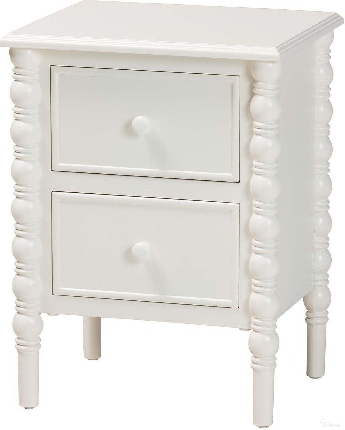 The appearance of Malinda Wood 2-Drawer End Table with Spindle Legs In White designed by Baxton Studio in the modern / contemporary interior design. This white piece of furniture was selected by 1StopBedrooms from Malinda Collection to add a touch of cosiness and style into your home. Sku: JY24A172-Off White/Wooden-End Table. Material: MDF.