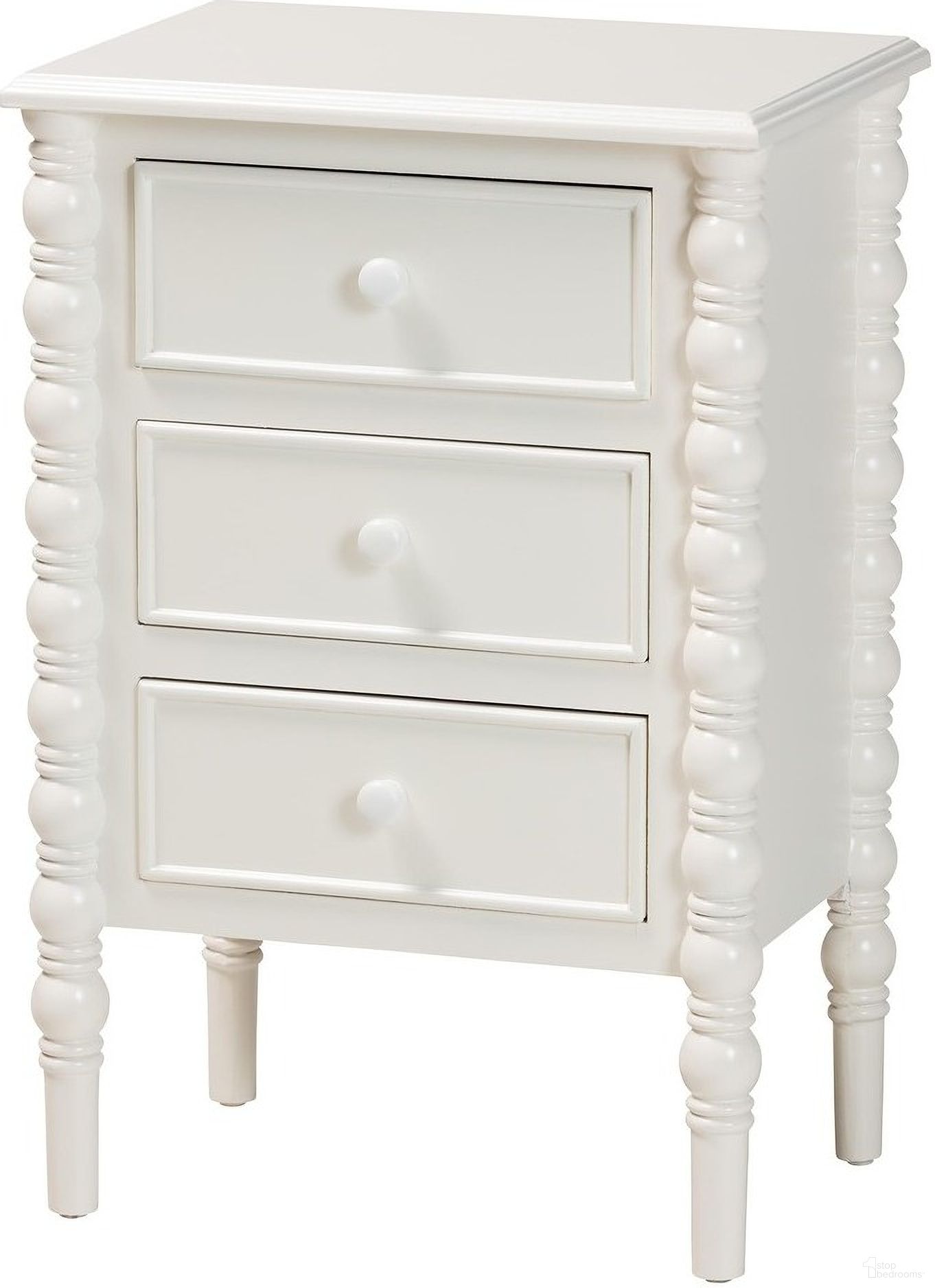 The appearance of Malinda Wood 3-Drawer End Table with Spindle Legs In White designed by Baxton Studio in the modern / contemporary interior design. This white piece of furniture was selected by 1StopBedrooms from Malinda Collection to add a touch of cosiness and style into your home. Sku: JY24A173-Off White/Wooden-End Table. Material: MDF.