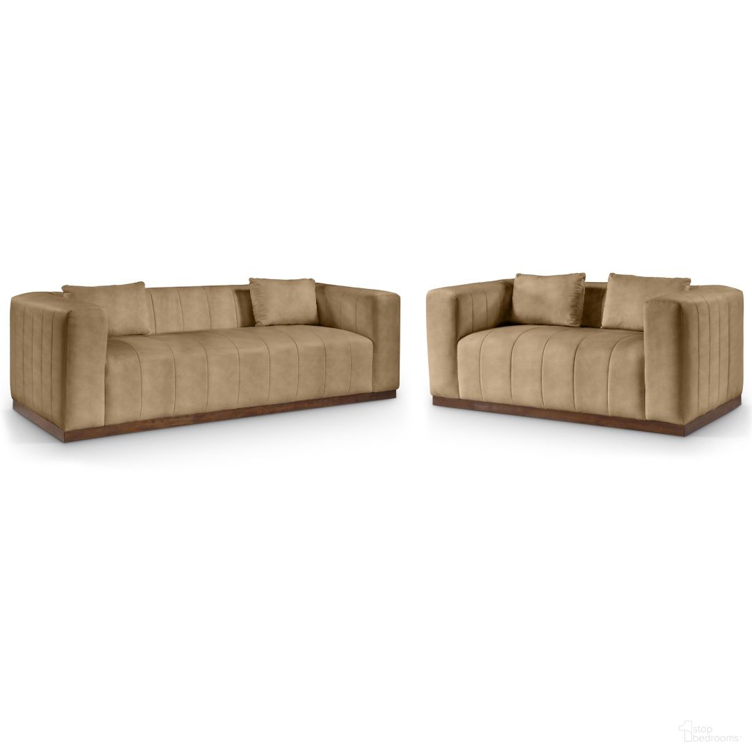 Mallina Vegan Leather Living Room Set In Tan and Dark Brown Walnut
