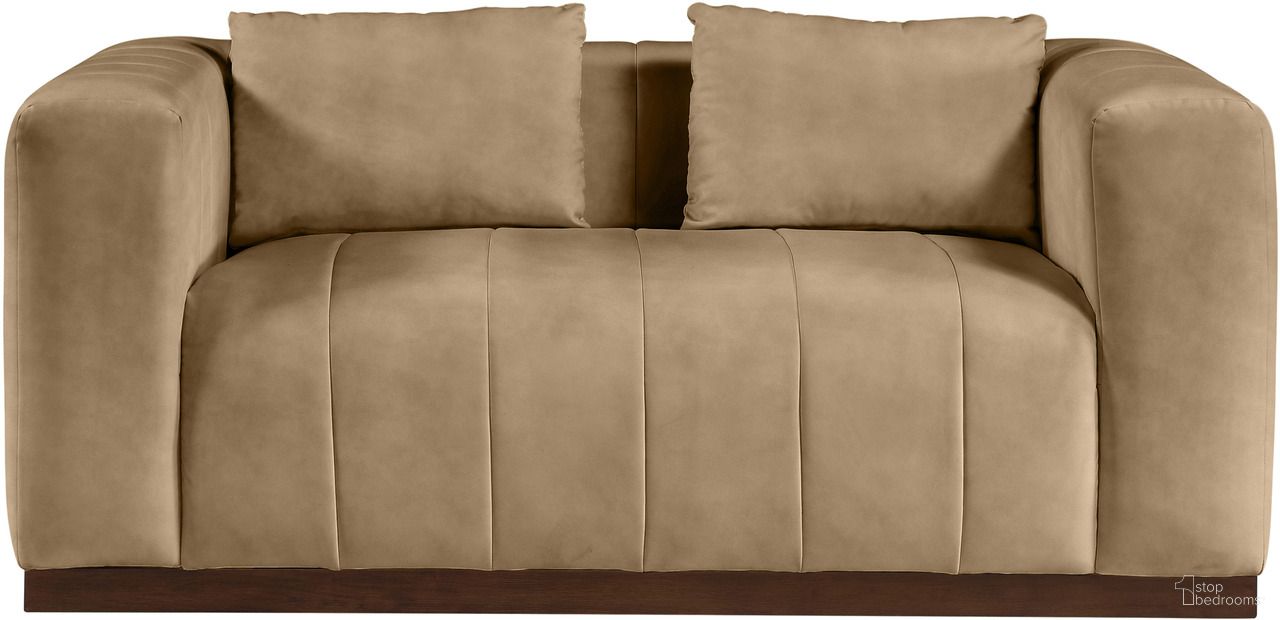 Mallina Vegan Leather Loveseat In Tan and Dark Brown Walnut