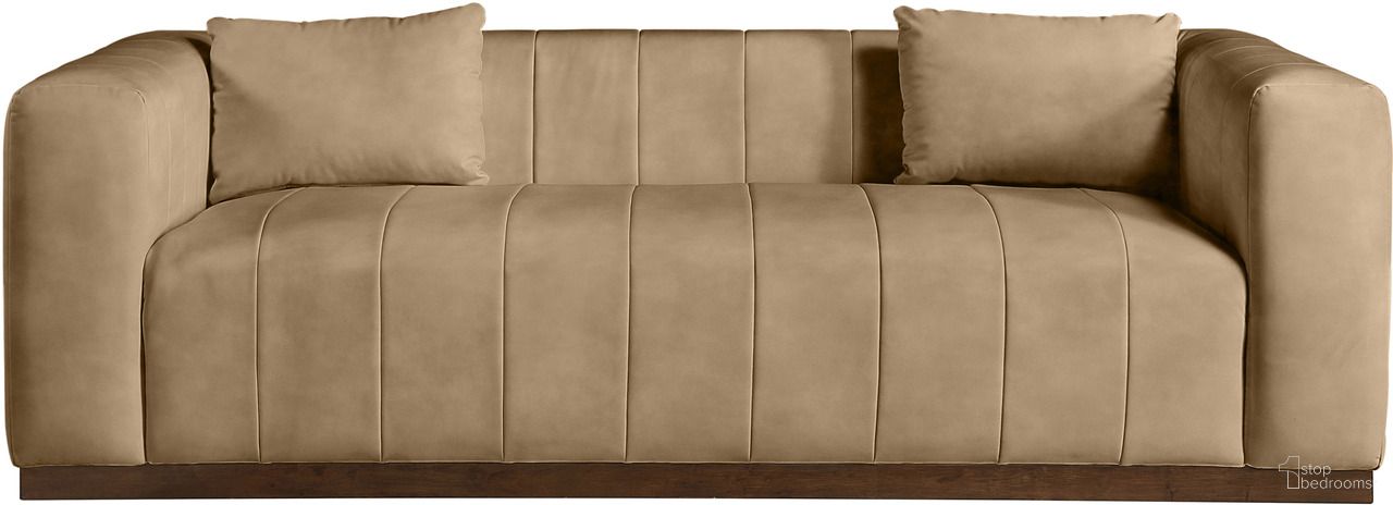 Mallina Vegan Leather Sofa In Tan and Dark Brown Walnut