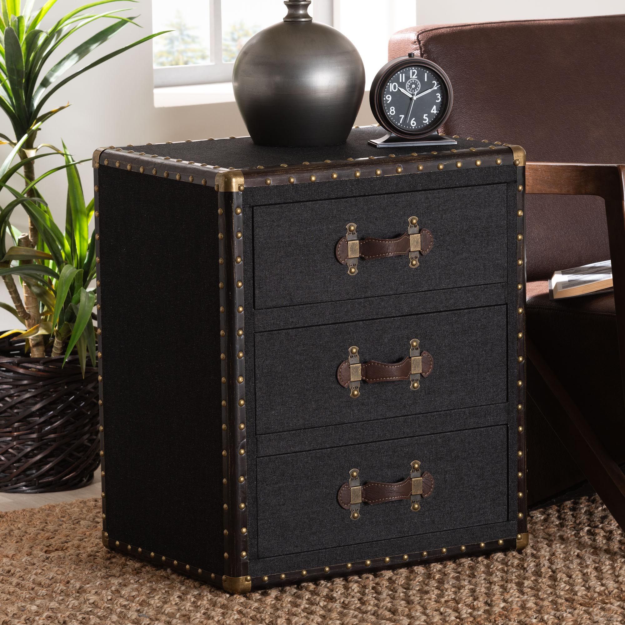 The appearance of Mallison Canvas 3 Drawer End Table In Black and Brown designed by Baxton Studio in the rustic / southwestern interior design. This black/brown piece of furniture  was selected by 1StopBedrooms from Mallison Collection to add a touch of cosiness and style into your home. Sku: JY23B241-Black-ET. Material: MDF.