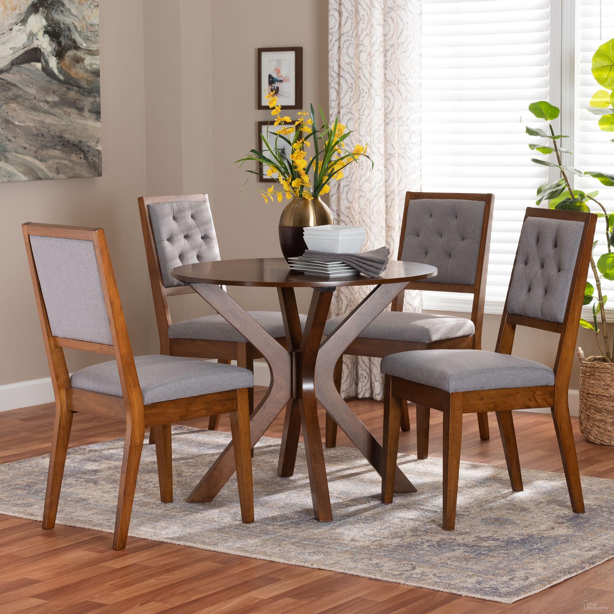The appearance of Mana Wood 5-Piece Dining Set In Grey and Walnut Brown designed by Baxton Studio in the modern / contemporary interior design. This grey/walnut brown piece of furniture was selected by 1StopBedrooms from Mana Collection to add a touch of cosiness and style into your home. Sku: Mana-Grey/Walnut-5PC Dining Set. Table Base Style: Pedestal. Table Top Shape: Round. Material: Rubberwood. Size: 34".
