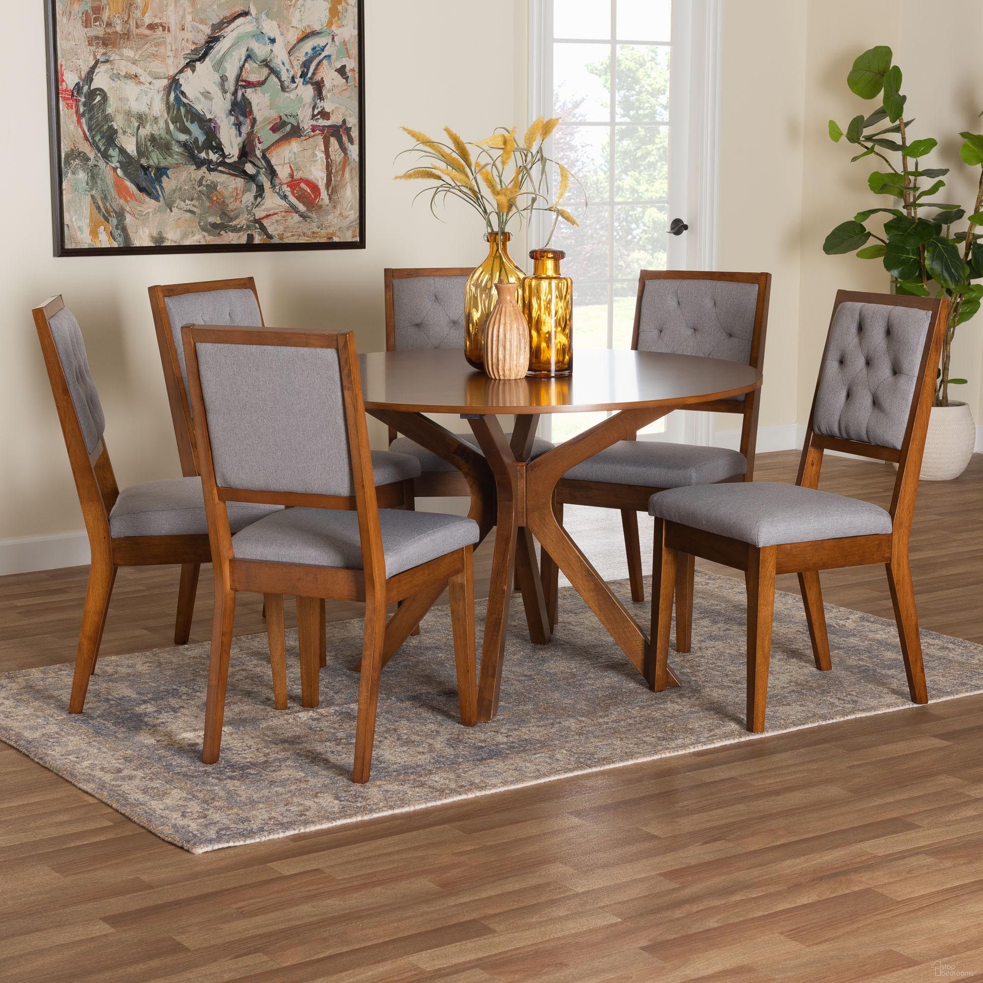 The appearance of Mana Wood 7-Piece Dining Set In Grey and Walnut Brown designed by Baxton Studio in the modern / contemporary interior design. This grey/walnut brown piece of furniture  was selected by 1StopBedrooms from Mana Collection to add a touch of cosiness and style into your home. Sku: Mana-Grey/Walnut-7PC Dining Set. Table Base Style: Pedestal. Table Top Shape: Round. Material: Rubberwood. Size: 45".