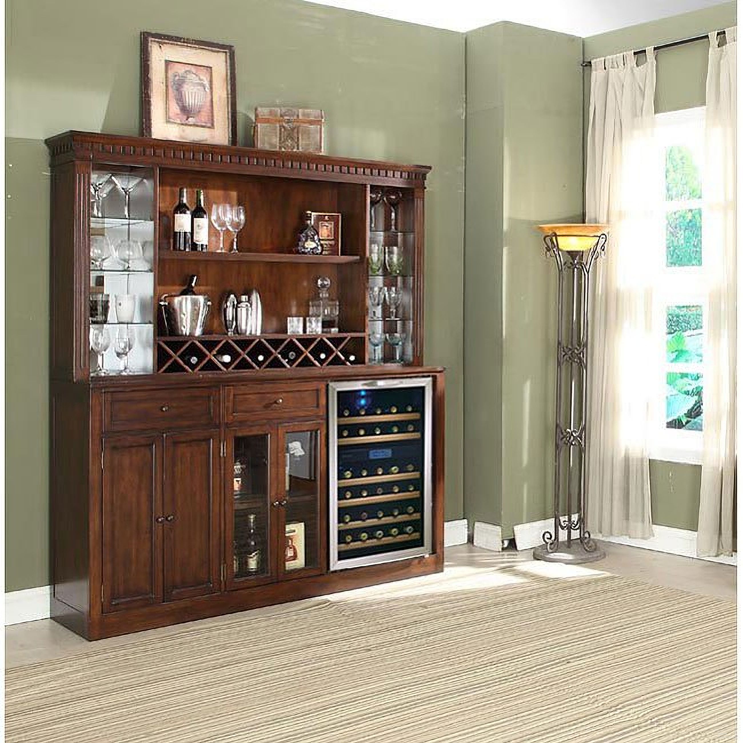 The appearance of Manchester Distressed Walnut Back Bar With Hutch designed by ECI in the rustic / southwestern interior design. This brown piece of furniture was selected by 1StopBedrooms from Manchester Collection to add a touch of cosiness and style into your home. Sku: 1150-35-BB;1150-35-H. Material: Poplar Solid.