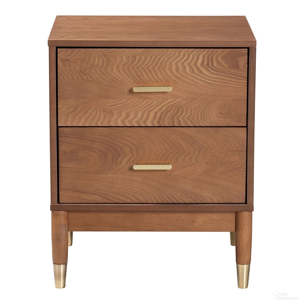 The appearance of Mandolin Wood 2-Drawer Nightstand In Walnut Brown designed by Baxton Studio in the mid century interior design. This walnut brown piece of furniture  was selected by 1StopBedrooms from Mandolin Collection to add a touch of cosiness and style into your home. Sku: MG9010-Ash Walnut/Gold-2DW-NS. Material: Solid Rubberwood.