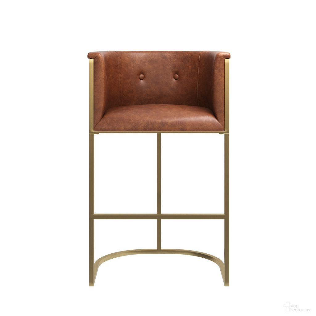 The appearance of Manhattan 31 Inch Barstool with Faux Leather and Metal Base In Brass and Tobacco Brown designed by New Ridge Home Goods in the modern / contemporary interior design. This tobacco brown piece of furniture was selected by 1StopBedrooms from Manhattan Collection to add a touch of cosiness and style into your home. Sku: NR114001-PBS-BR. Material: Steel.