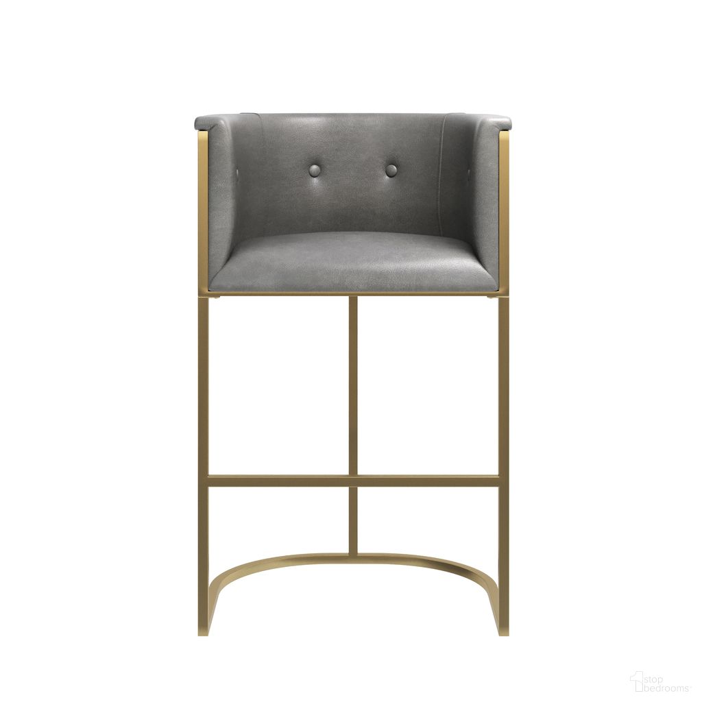 Manhattan 31 Inch Barstool with Faux Leather and Metal Base In Gray and Brass