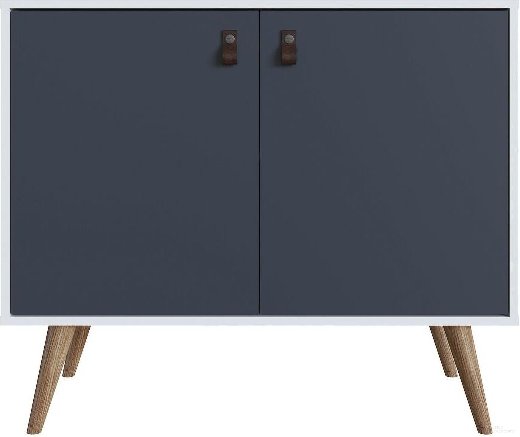 The appearance of Manhattan Comfort Amber Accent Cabinet With Faux Leather Handles In White And Blue designed by Manhattan Comfort in the modern / contemporary interior design. This white and blue piece of furniture was selected by 1StopBedrooms from Amber Collection to add a touch of cosiness and style into your home. Sku: 307GFX3. Material: Wood.