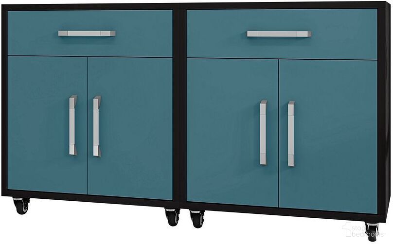 Manhattan Comfort Eiffel Mobile Garage Cabinet In Matte Black And Aqua Blue Set Of 2
