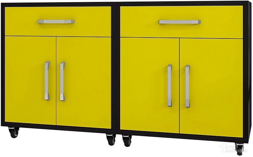The appearance of Manhattan Comfort Eiffel Mobile Garage Cabinet In Matte Black And Yellow Set Of 2 designed by Manhattan Comfort in the modern / contemporary interior design. This yellow piece of furniture  was selected by 1StopBedrooms from Eiffel Collection to add a touch of cosiness and style into your home. Sku: 252BMC84;252BMC84. Material: MDP.
