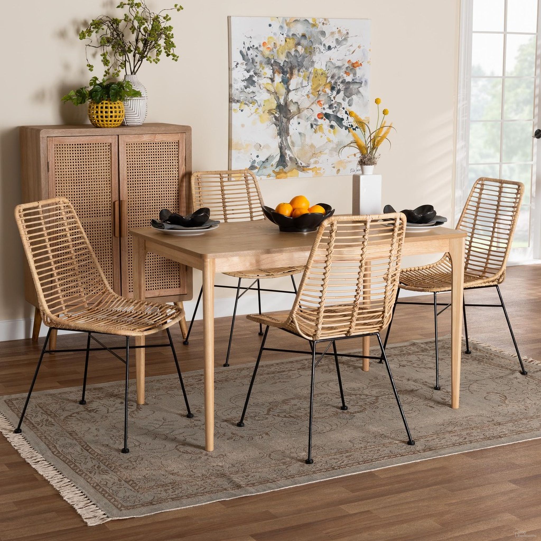 The appearance of Manhattan Rattan and Wood 5 Piece Dining Set In Brown and Black designed by Baxton Studio in the bohemian interior design. This brown/black piece of furniture was selected by 1StopBedrooms from Manhattan Collection to add a touch of cosiness and style into your home. Sku: KYG001C-Natural-5PC Dining Set. Material: Natural Rattan.