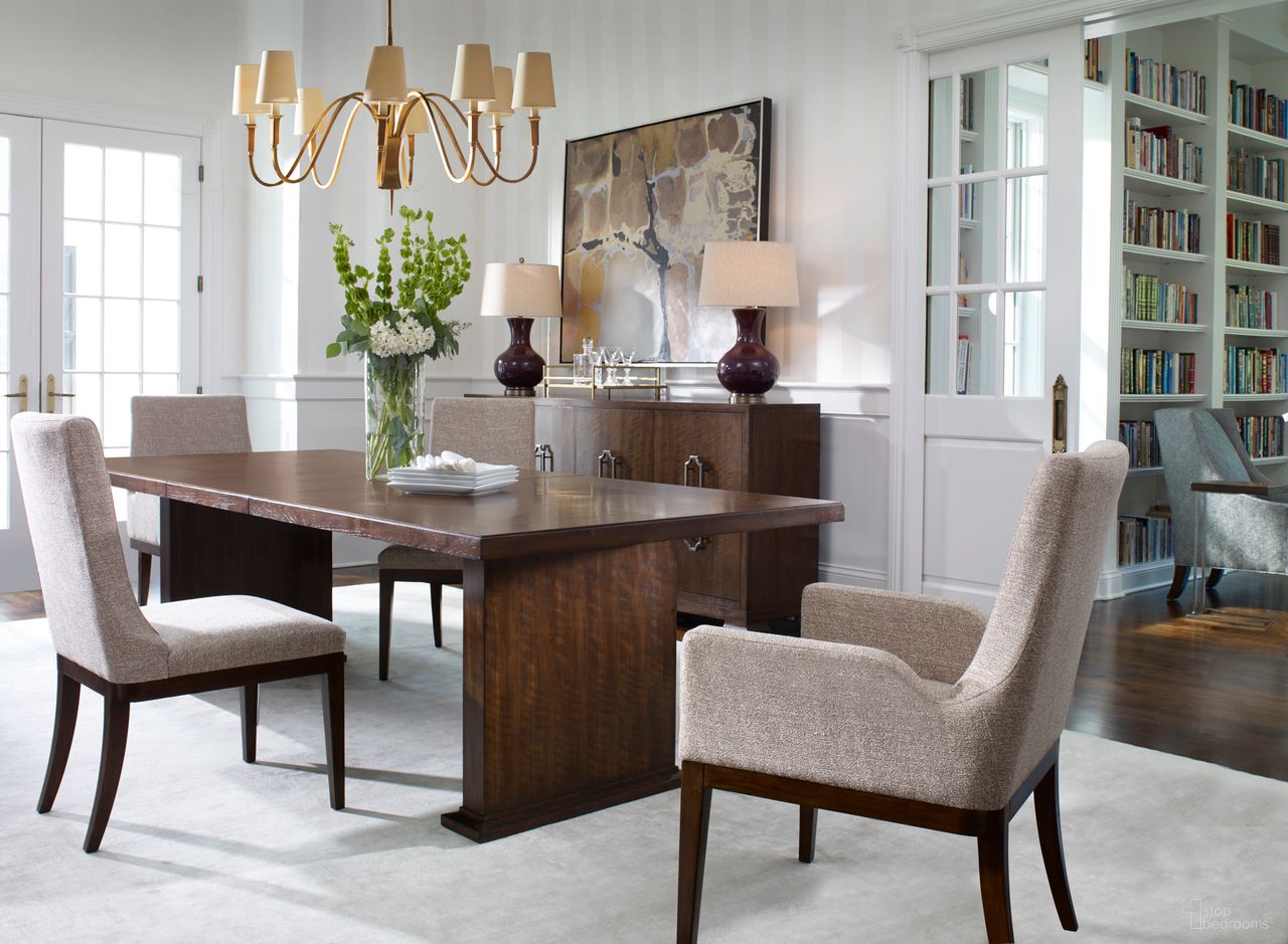 The appearance of Manning Rectangular Dining Room Set In Brunette designed by Century Furniture in the modern / contemporary interior design. This brunette piece of furniture was selected by 1StopBedrooms from Citation Collection to add a touch of cosiness and style into your home. Sku: B1H-301B;B1H-301T;B1H-531. Table Top Shape: Rectangular. Size: 44" x 84". Material: Poplar Solid.