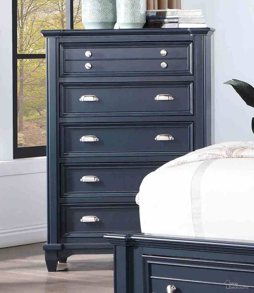 The appearance of Manzanillo Chest In Slate Blue designed by Furniture of America in the transitional interior design. This slate blue piece of furniture  was selected by 1StopBedrooms from Manzanillo Collection to add a touch of cosiness and style into your home. Sku: CM7470BL-C. Material: Solid Wood.