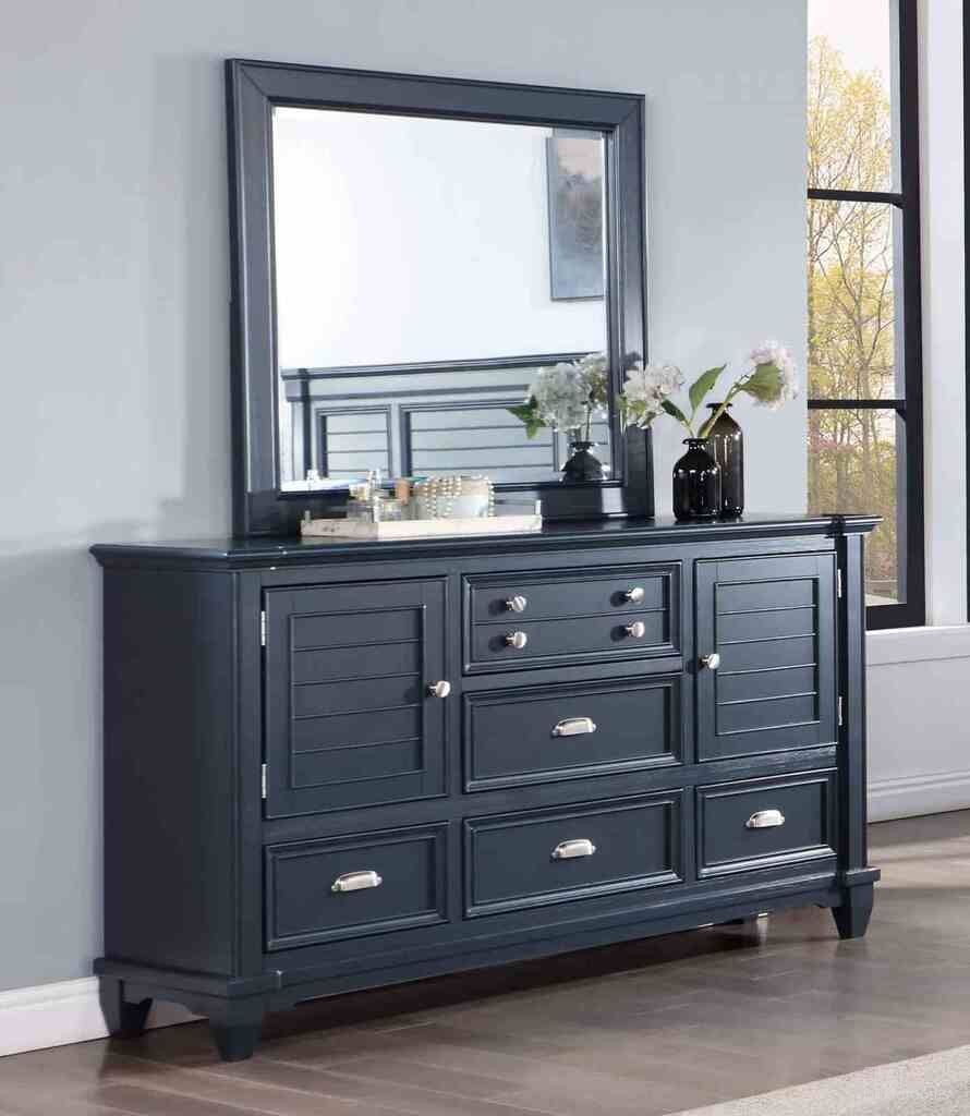 The appearance of Manzanillo Dresser In Slate Blue designed by Furniture of America in the transitional interior design. This slate blue piece of furniture  was selected by 1StopBedrooms from Manzanillo Collection to add a touch of cosiness and style into your home. Sku: CM7470BL-D. Material: Solid Wood.
